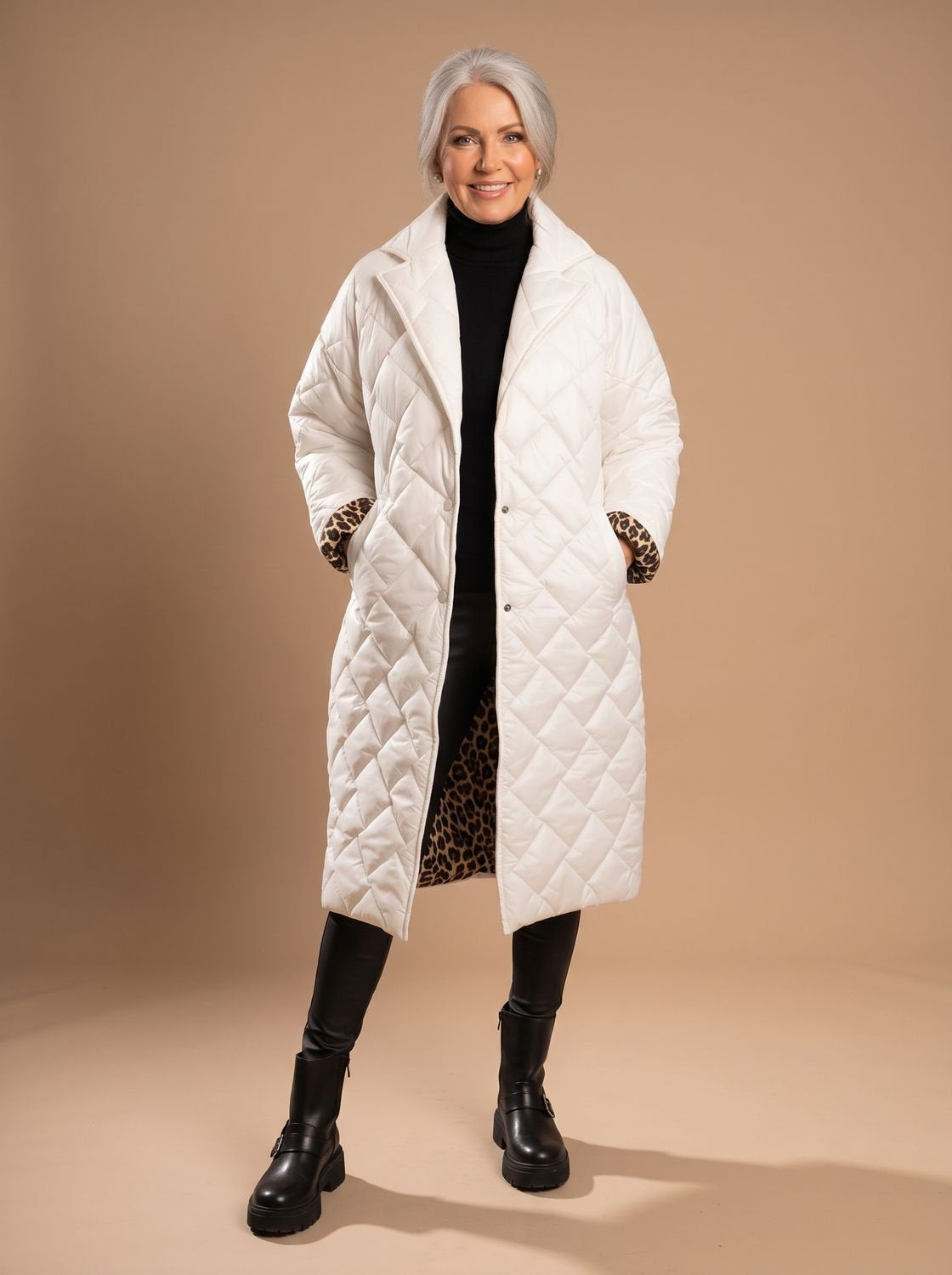 Women's Button-Up Leopard Print Longline Quilted Coat