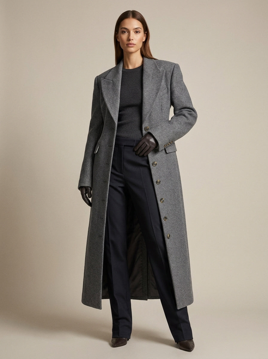 Women's Collared Button-Up Wool Overcoat