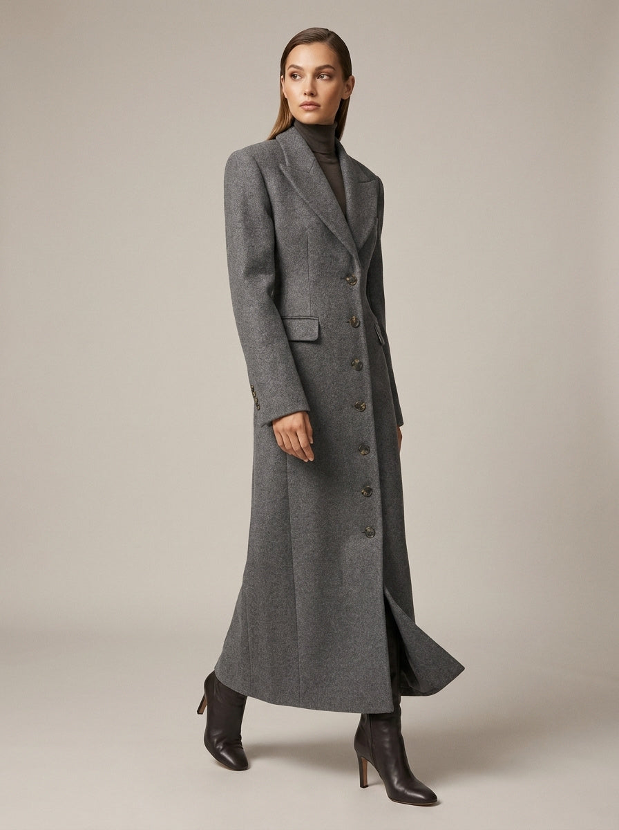 Women's Collared Button-Up Wool Overcoat