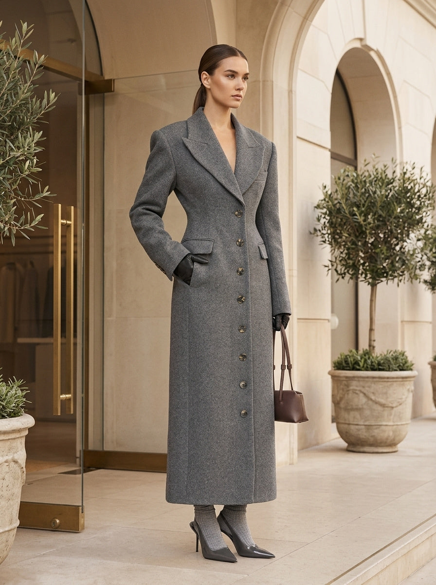 Women's Collared Button-Up Wool Overcoat