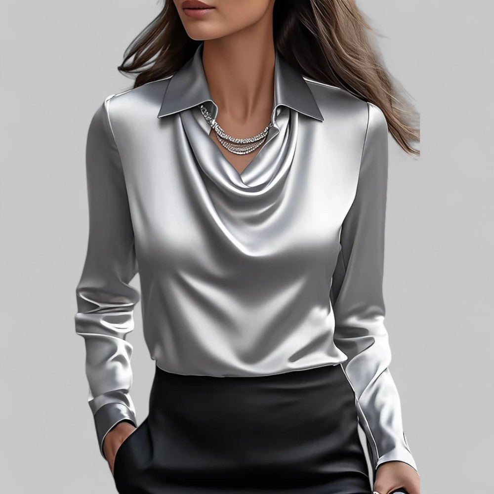 Women's Cowl Neck Collared Satin Blouse
