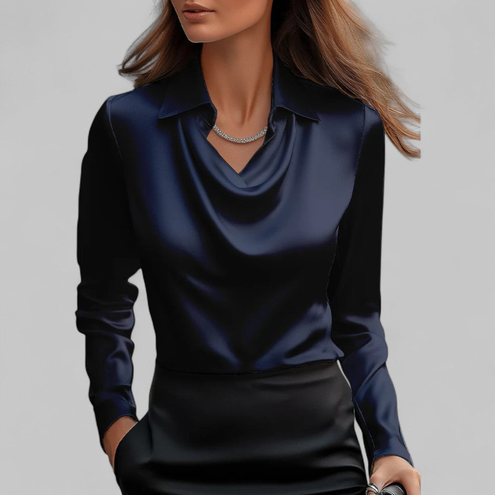 Women's Cowl Neck Collared Satin Blouse