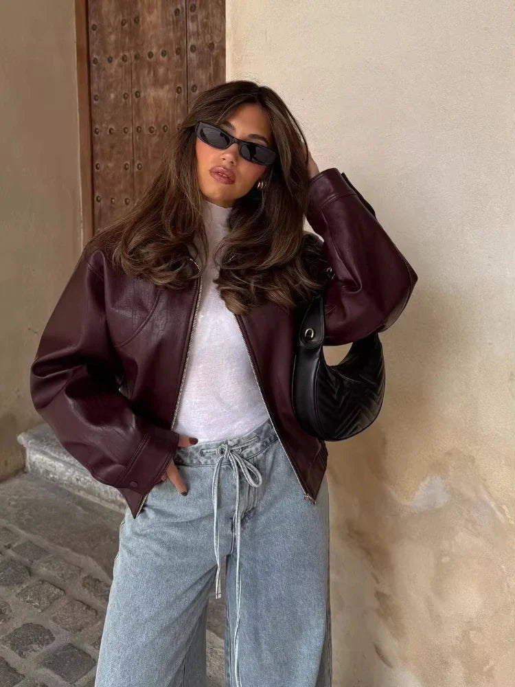 Women's Cropped Collared Oversized Faux Leather Bomber Jacket