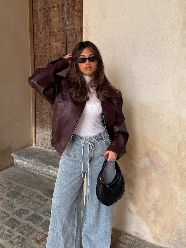 Women's Cropped Collared Oversized Faux Leather Bomber Jacket