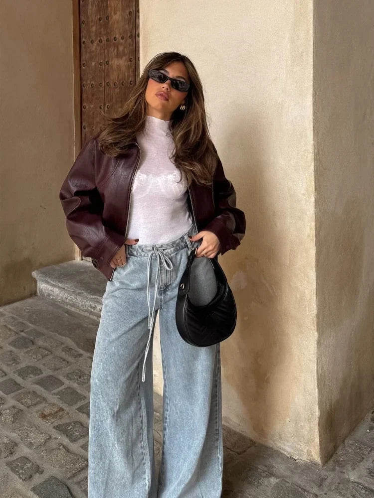 Women's Cropped Collared Oversized Faux Leather Bomber Jacket