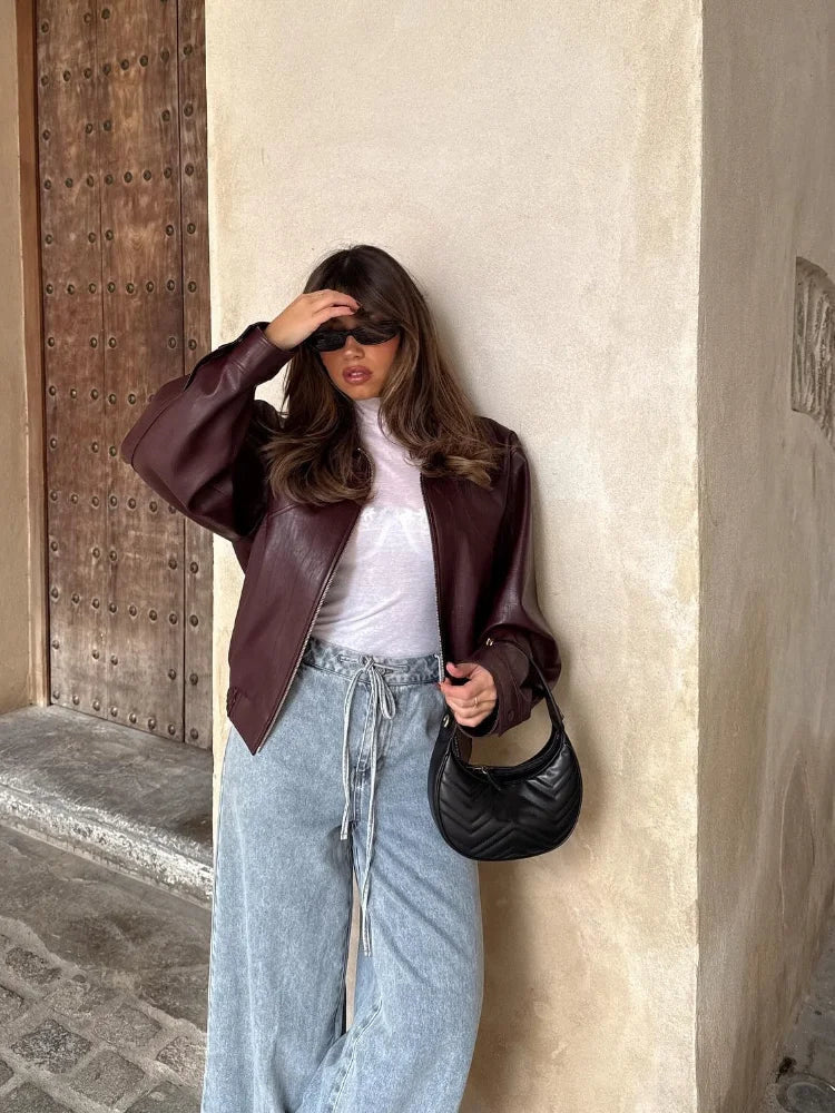 Women's Cropped Collared Oversized Faux Leather Bomber Jacket