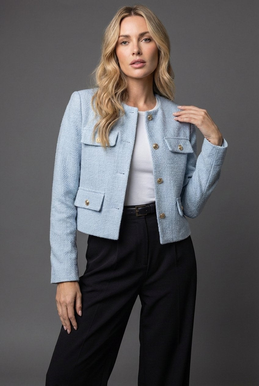Women's Cropped Round Neck Tweed Blazer