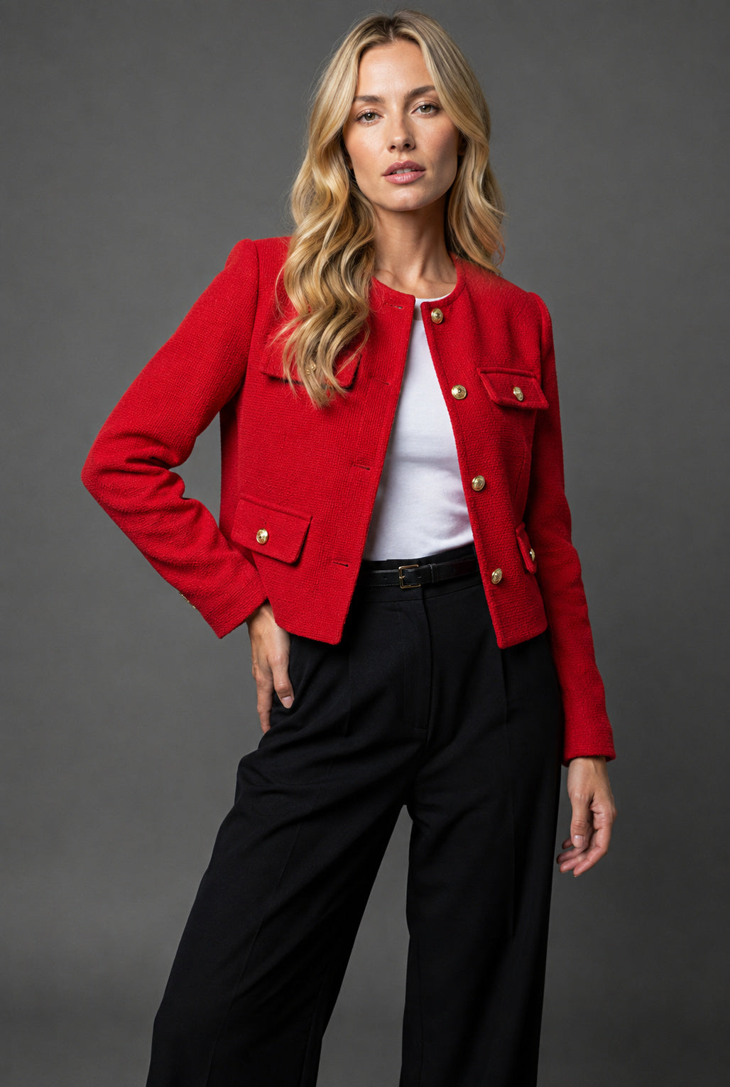 Women's Cropped Round Neck Tweed Blazer