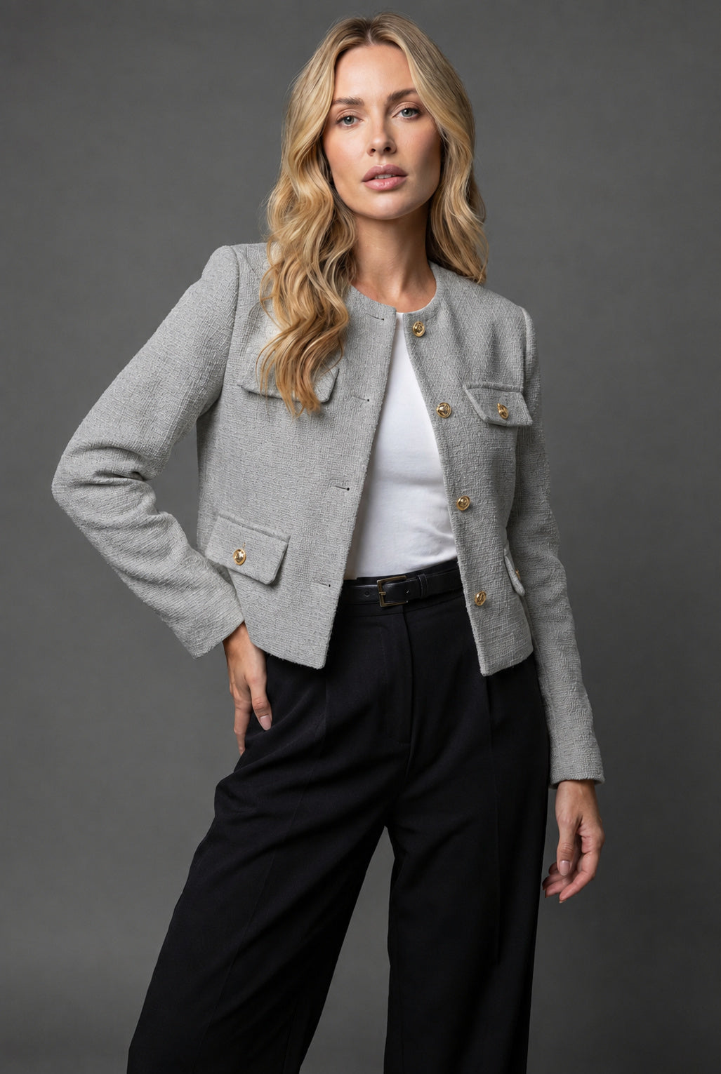 Women's Cropped Round Neck Tweed Blazer
