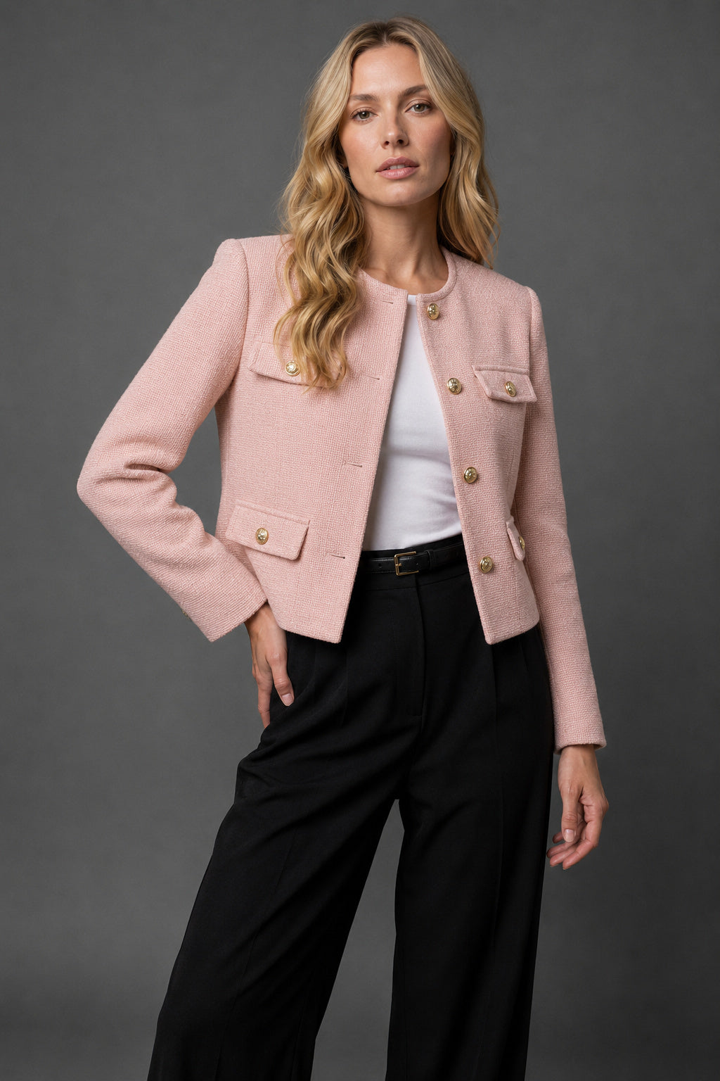 Women's Cropped Round Neck Tweed Blazer