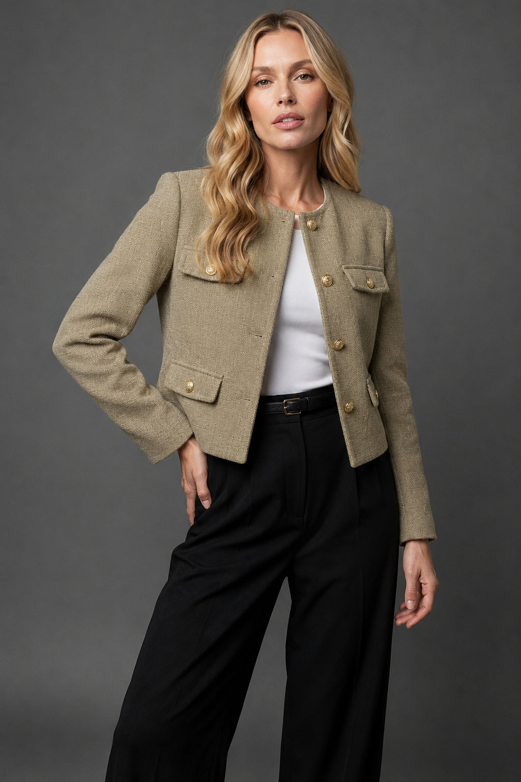 Women's Cropped Round Neck Tweed Blazer