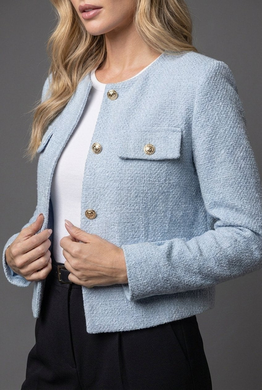 Women's Cropped Round Neck Tweed Blazer