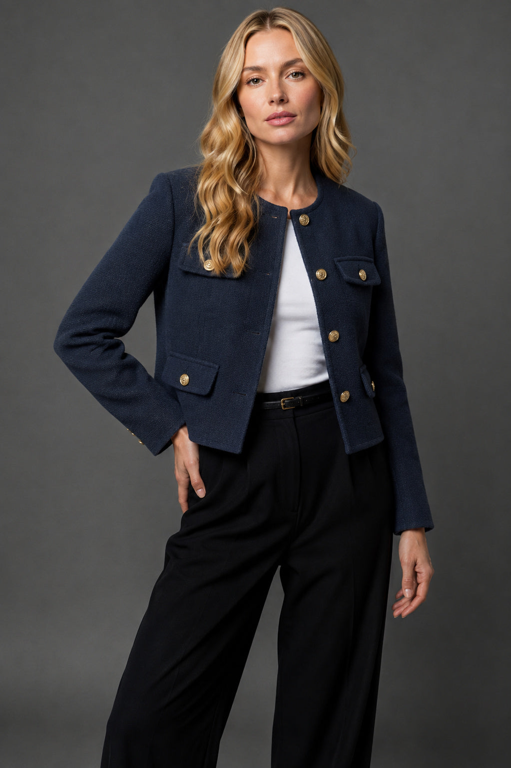 Women's Cropped Round Neck Tweed Blazer
