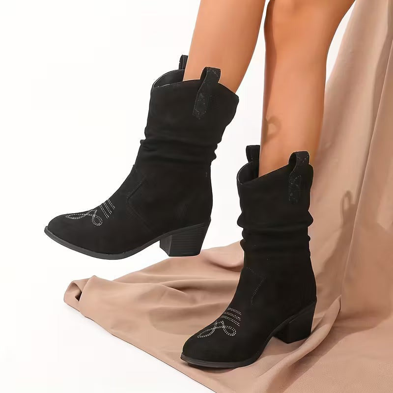 Women's Faux Suede Block Heel Cowboy Boots