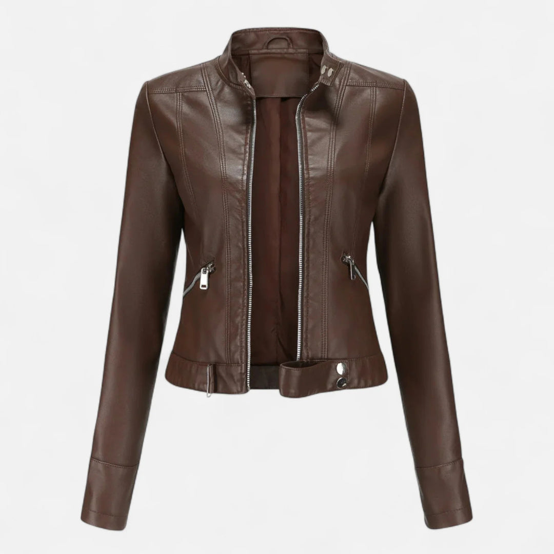 Women's Fitted High Neck Cropped Faux Leather Jacket