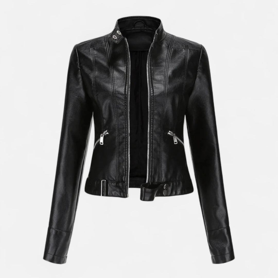 Women's Fitted High Neck Cropped Faux Leather Jacket