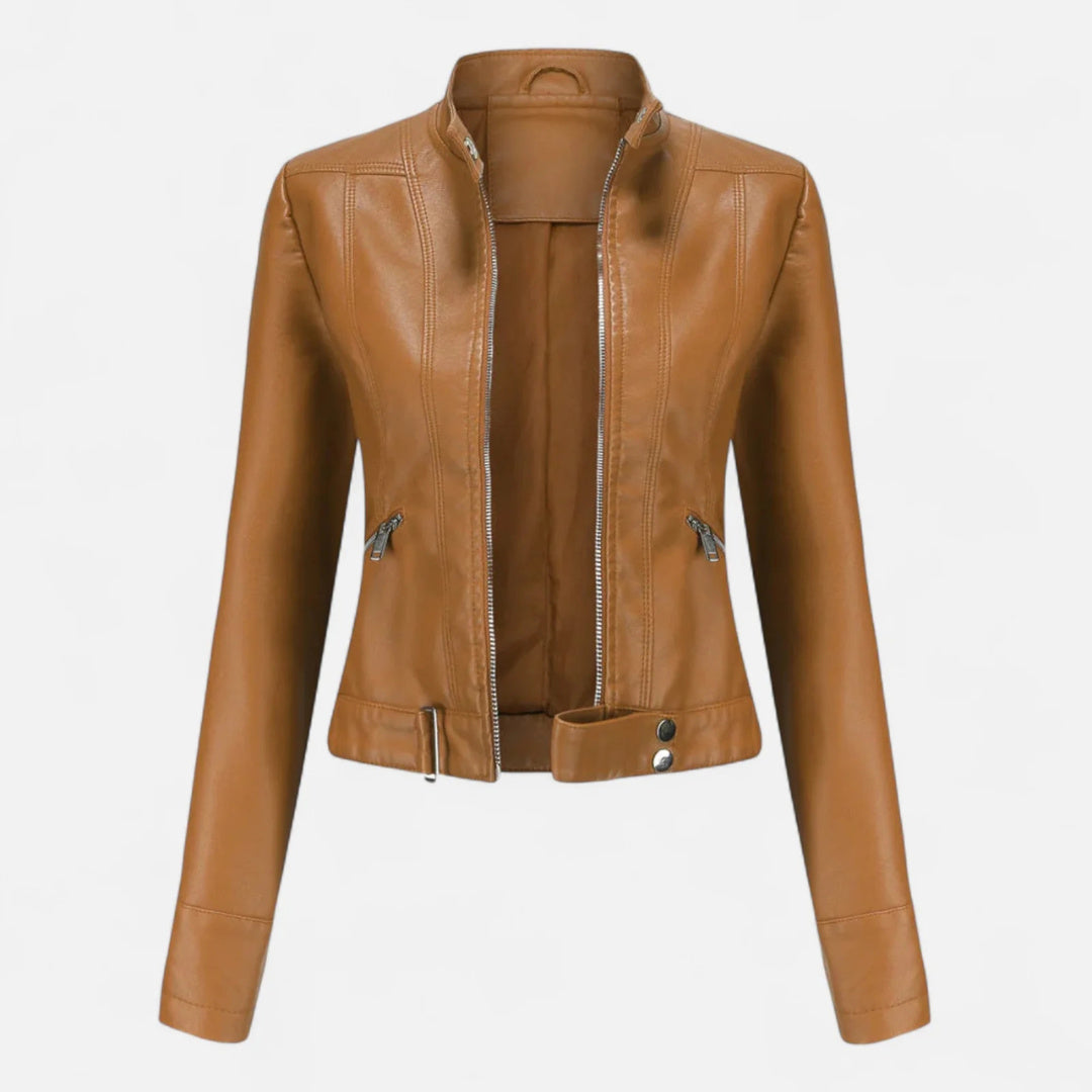 Women's Fitted High Neck Cropped Faux Leather Jacket