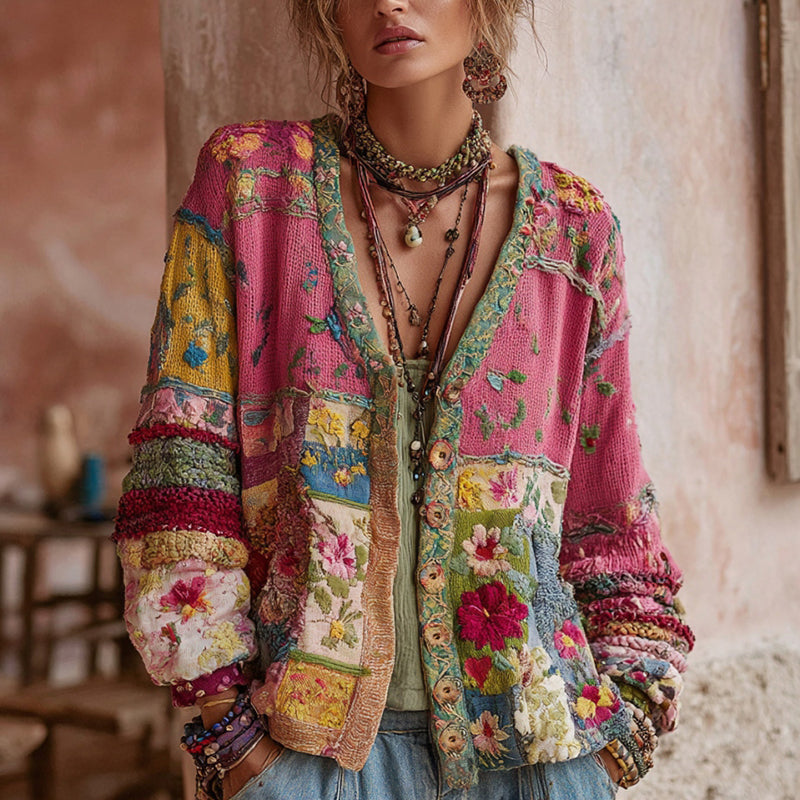 Women's Floral V Neck Patchwork Cardigan