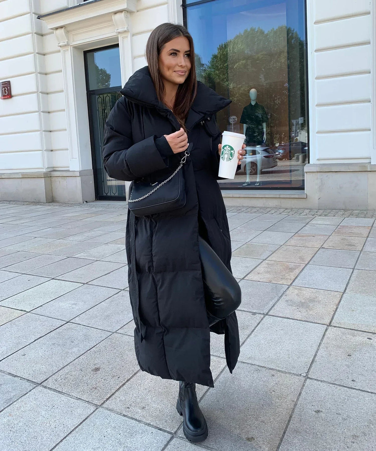 Women's Funnel Neck Belted Long Puffer Coat