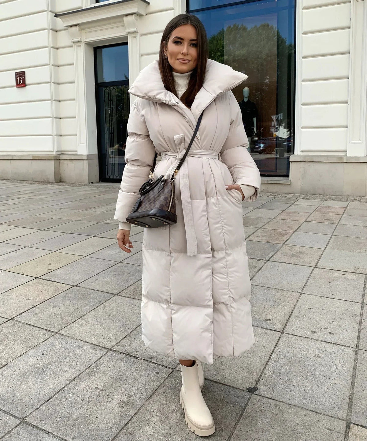 Women's Funnel Neck Belted Long Puffer Coat