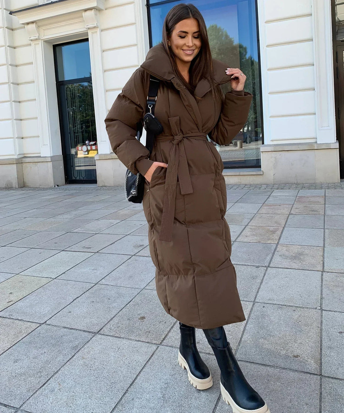Women's Funnel Neck Belted Long Puffer Coat