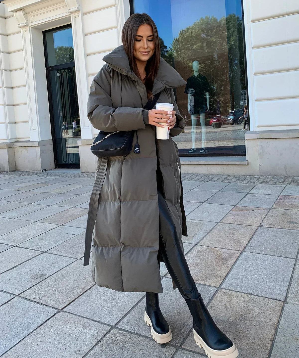 Women's Funnel Neck Belted Long Puffer Coat