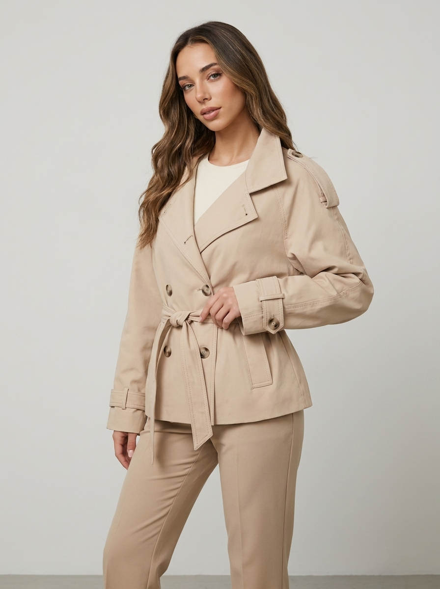 Women's Funnel Neck Cotton Double Breasted Trench Coat