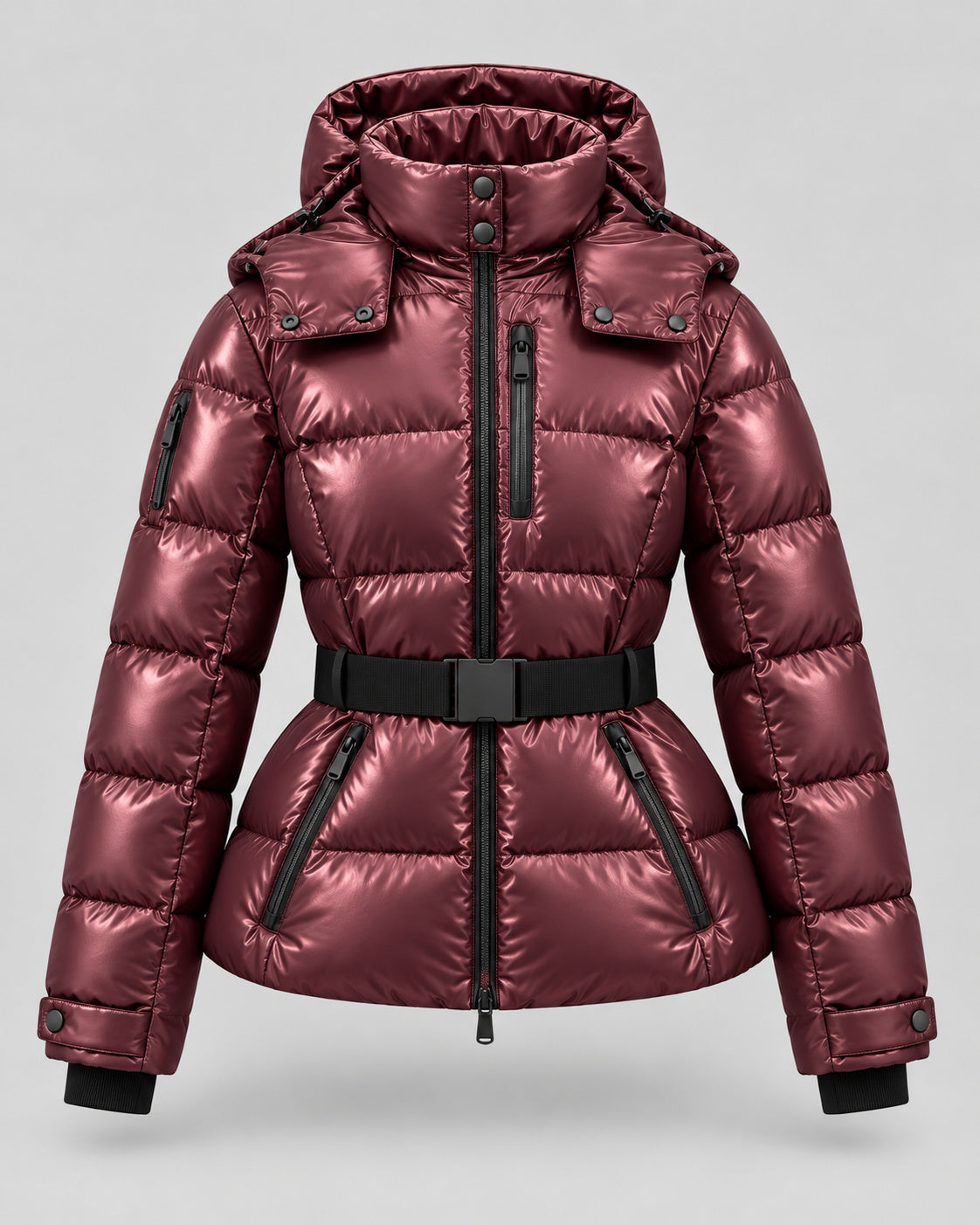 Women's High Collar Belted Hooded Puffer Jacket