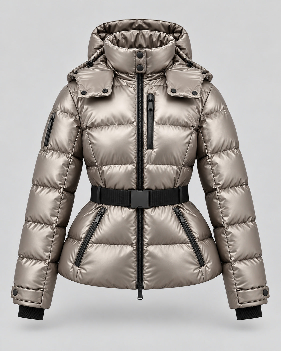 Women's High Collar Belted Hooded Puffer Jacket
