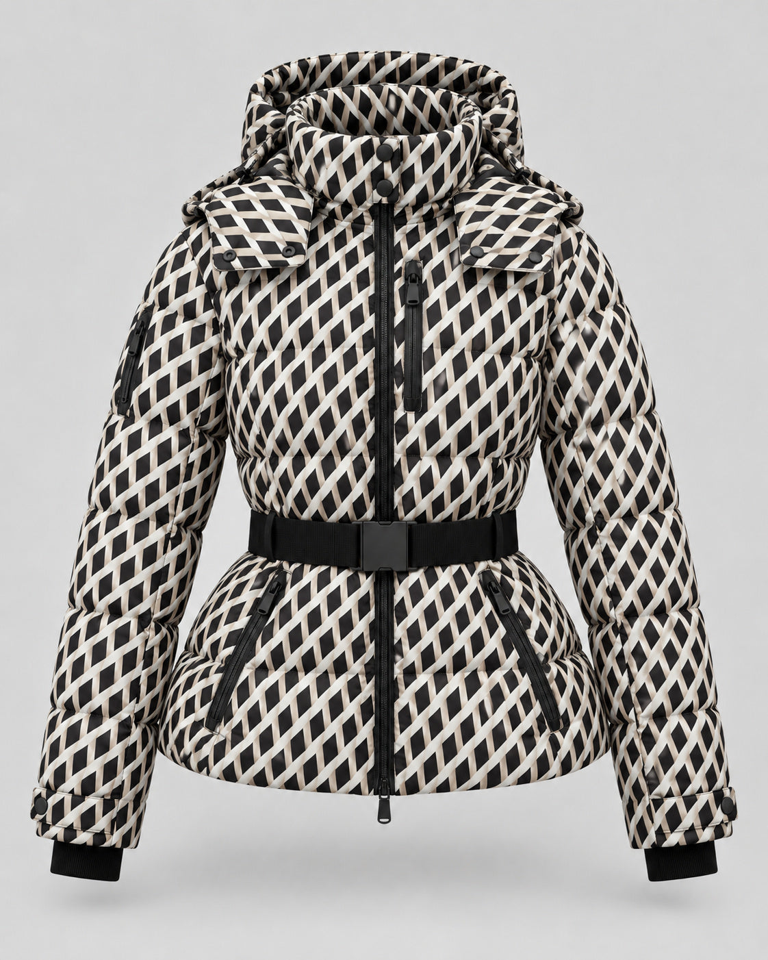 Women's High Collar Belted Hooded Puffer Jacket