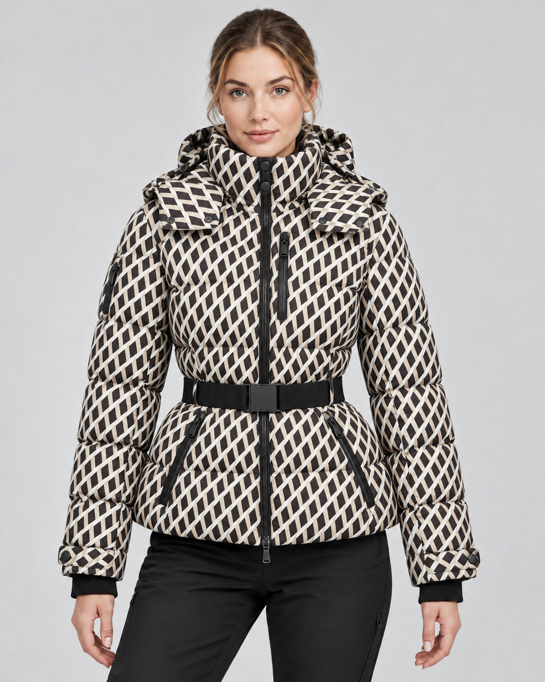 Women's High Collar Belted Hooded Puffer Jacket