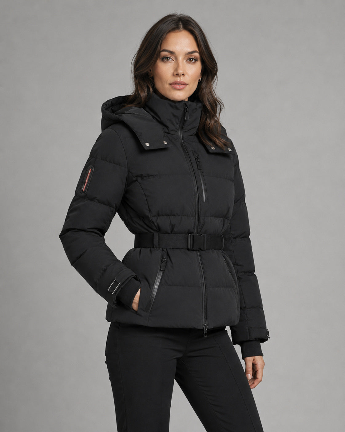 Women's High Collar Belted Hooded Puffer Jacket