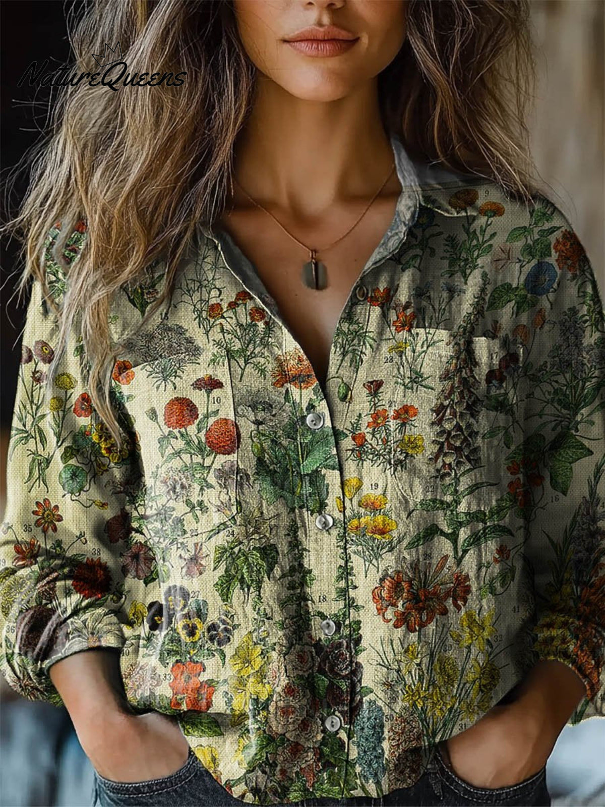 Women's High Neck Floral Linen Shirt