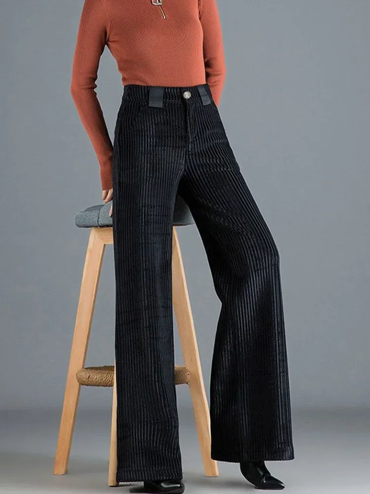 Women's High Waist Ribbed Wide Leg Corduroy Trousers