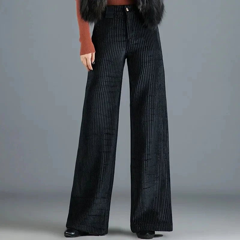 Women's High Waist Ribbed Wide Leg Corduroy Trousers