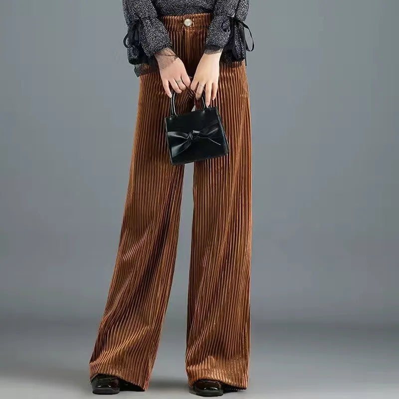 Women's High Waist Ribbed Wide Leg Corduroy Trousers