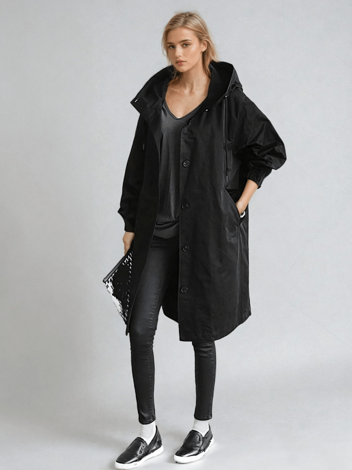 Women's Hooded Button-Up Waterproof Trench Coat