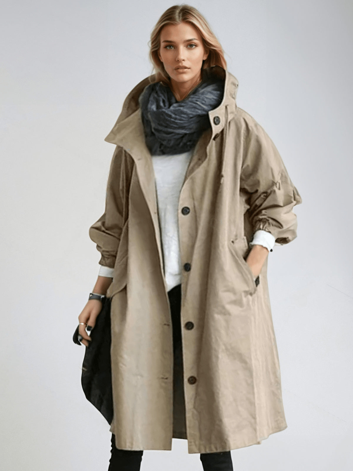 Women's Hooded Button-Up Waterproof Trench Coat