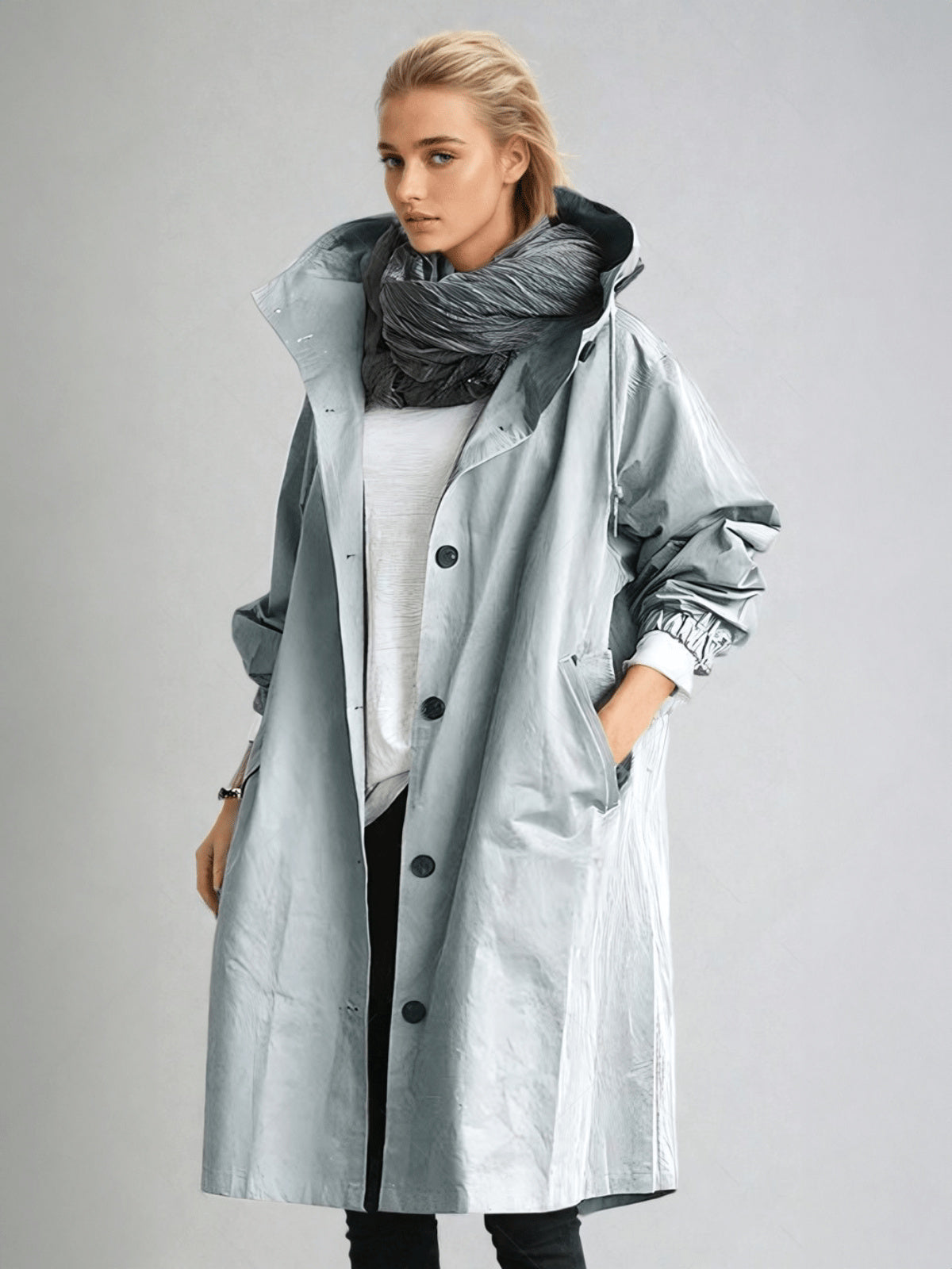 Women's Hooded Button-Up Waterproof Trench Coat
