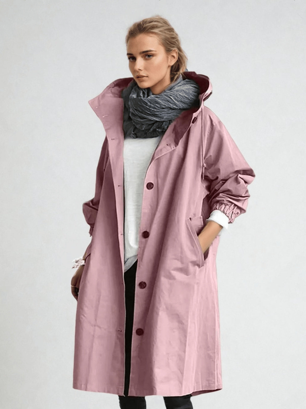 Women's Hooded Button-Up Waterproof Trench Coat