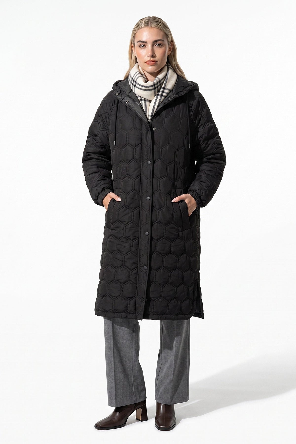 Women's Hooded Geometric Quilted Long Puffer Coat