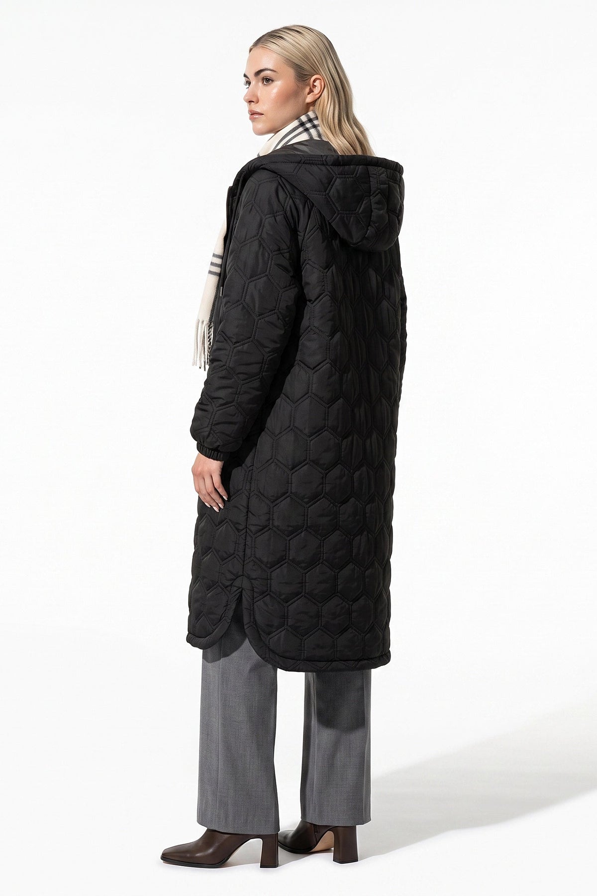 Women's Hooded Geometric Quilted Long Puffer Coat