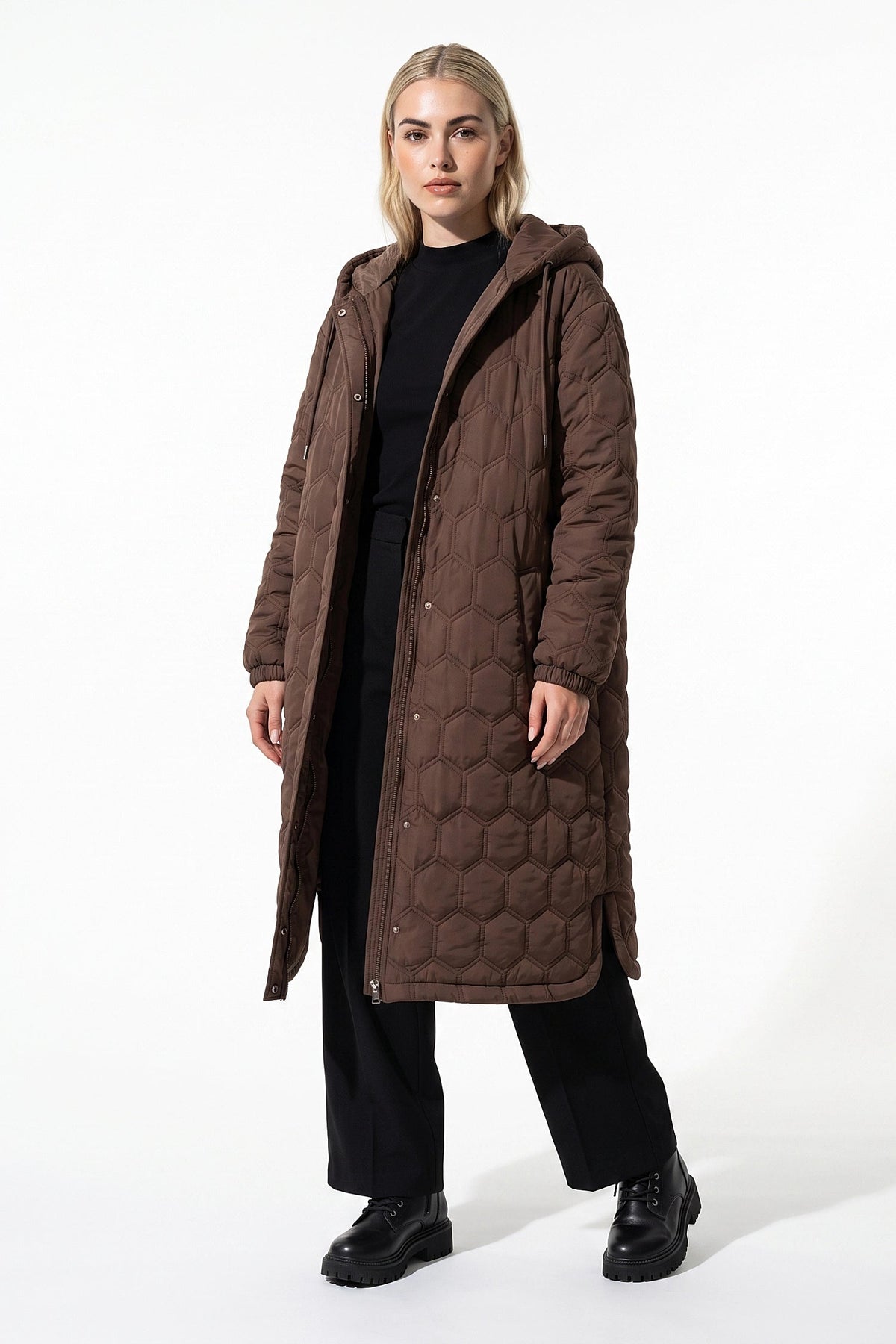 Women's Hooded Geometric Quilted Long Puffer Coat