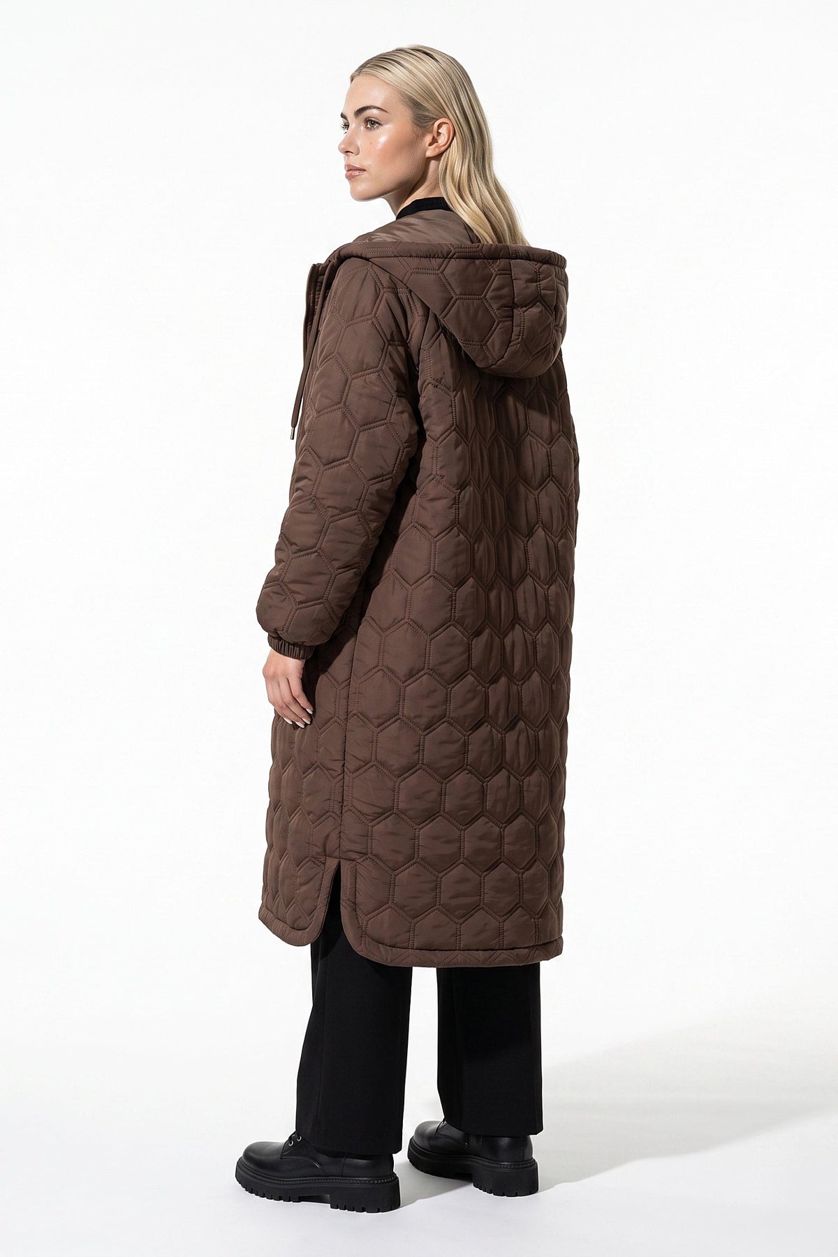 Women's Hooded Geometric Quilted Long Puffer Coat