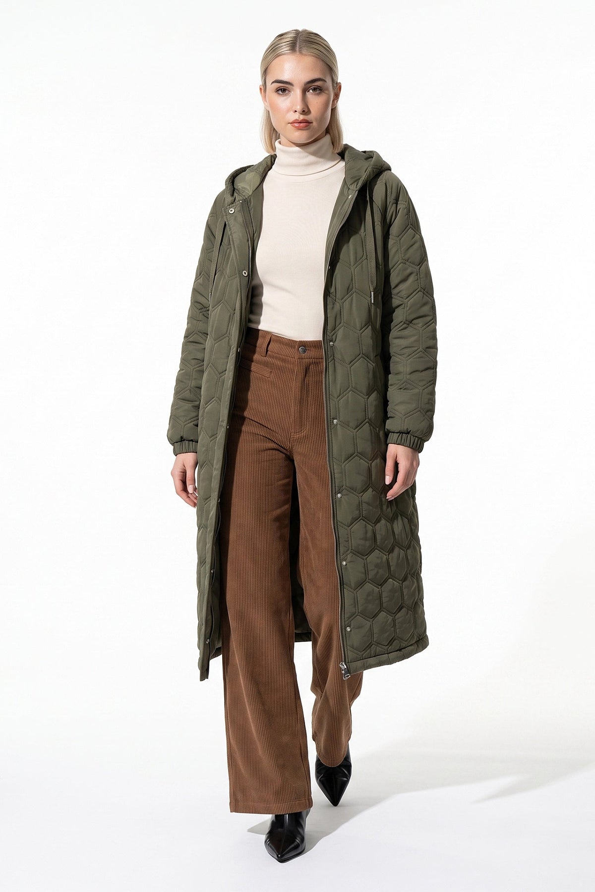 Women's Hooded Geometric Quilted Long Puffer Coat