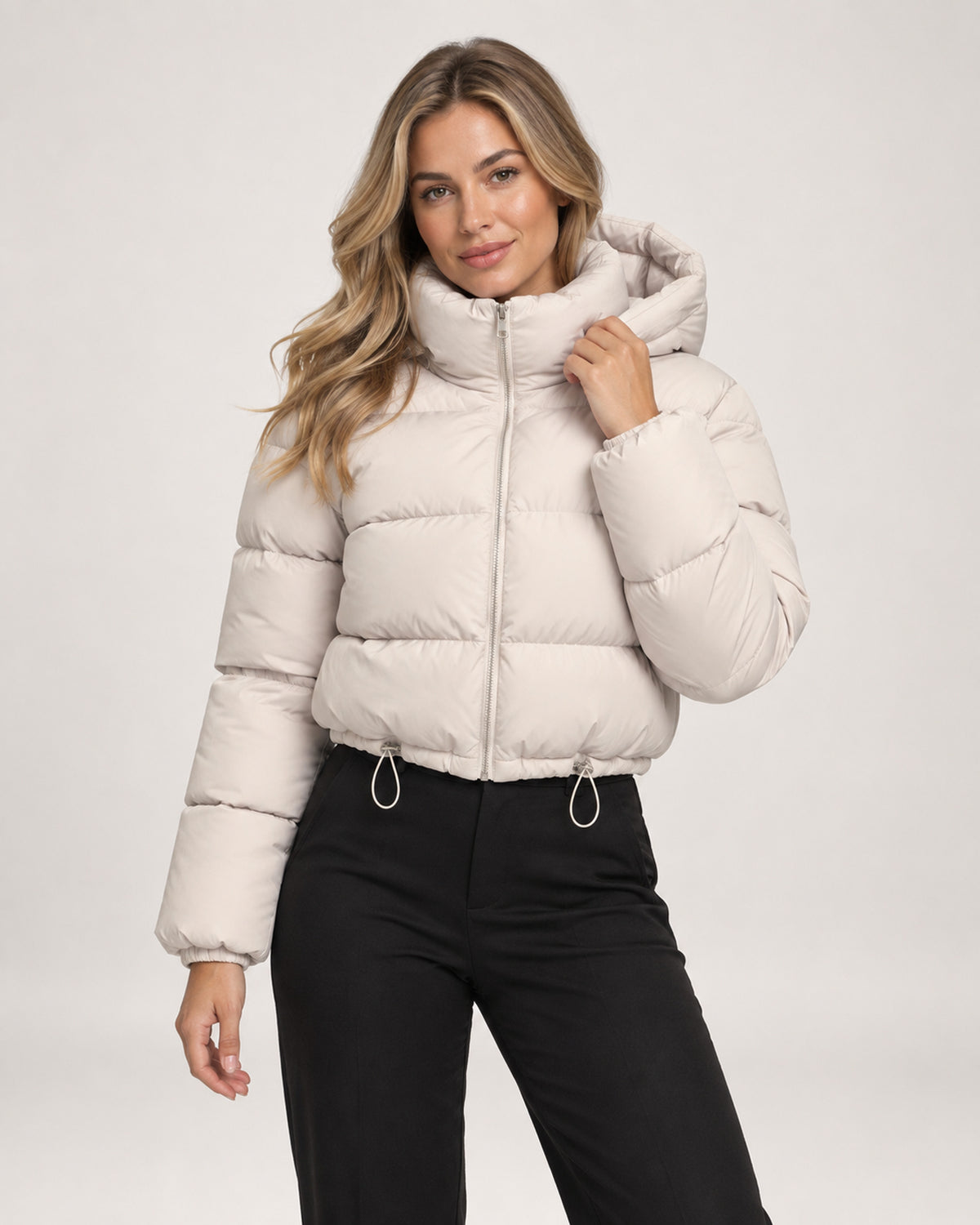 Women's Hooded Quilted Adjustable Hem Cropped Puffer Jacket