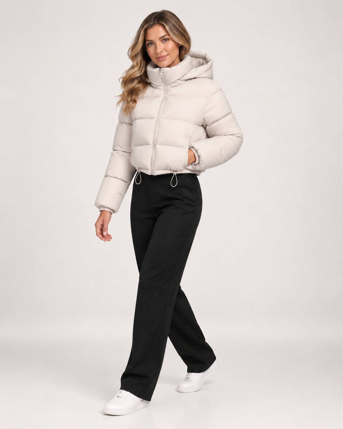 Women's Hooded Quilted Adjustable Hem Cropped Puffer Jacket