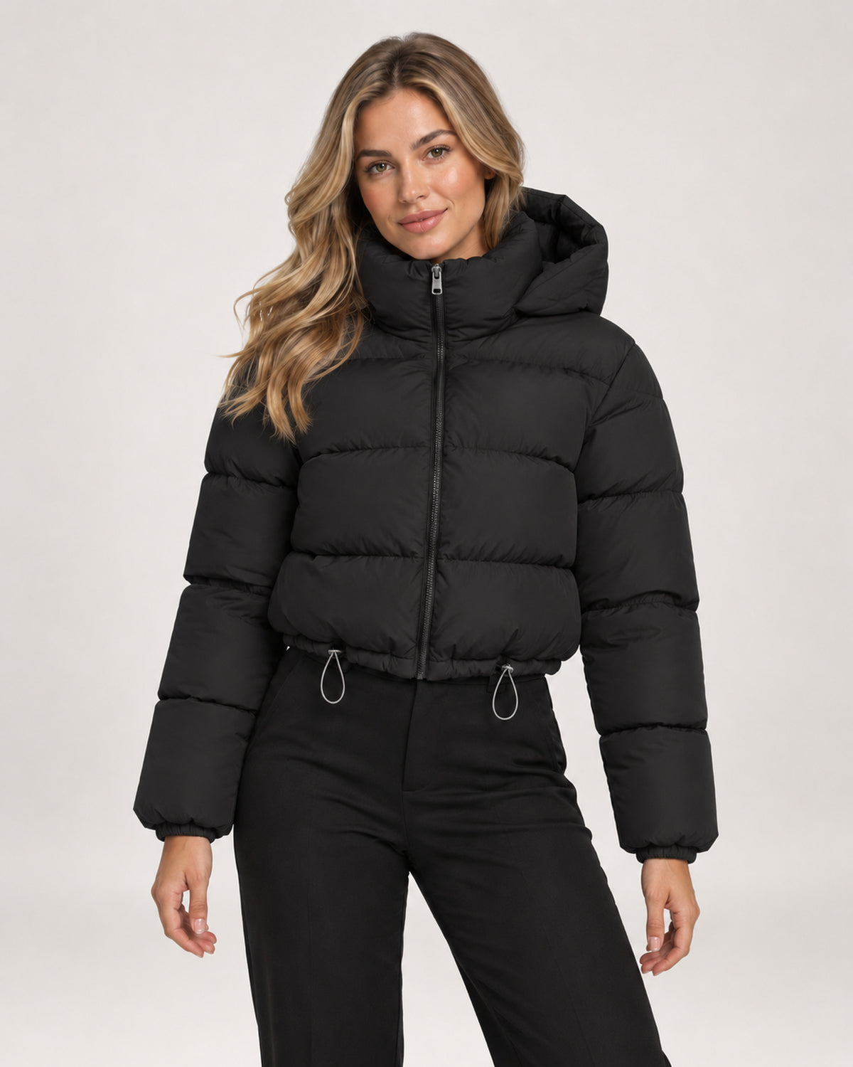 Women's Hooded Quilted Adjustable Hem Cropped Puffer Jacket