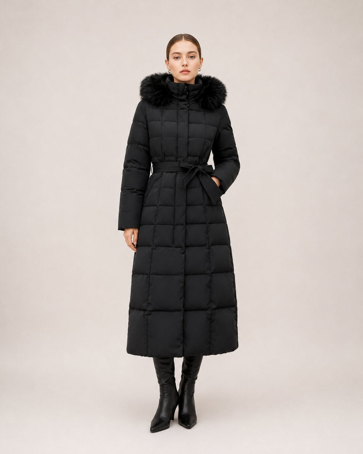 Women's Hooded Quilted Belted Long Puffer Coat