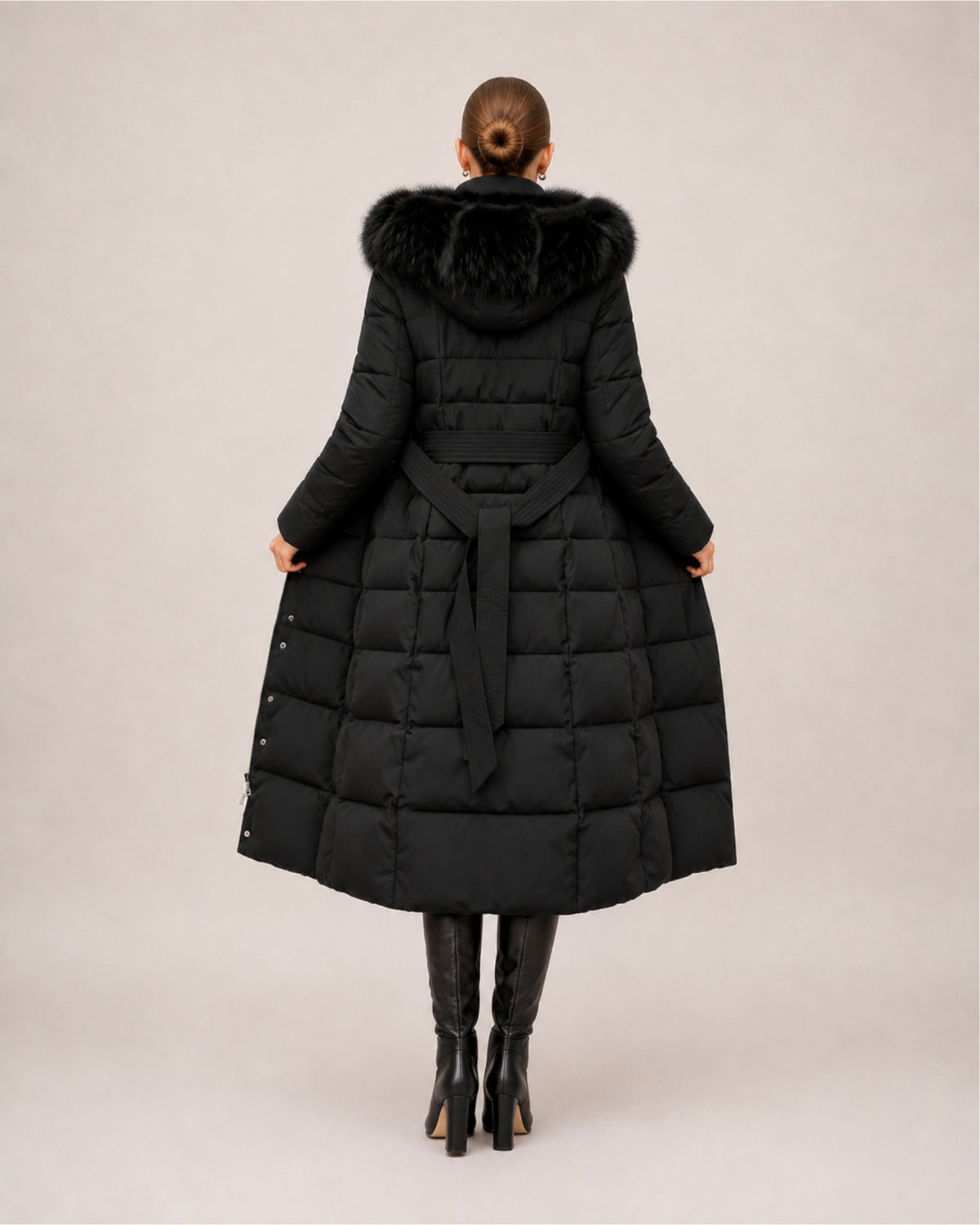 Women's Hooded Quilted Belted Long Puffer Coat